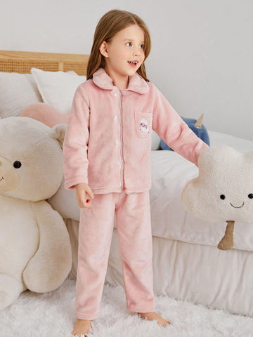 Girls Cartoon Embroidery Patched Pocket Flannel PJ Set