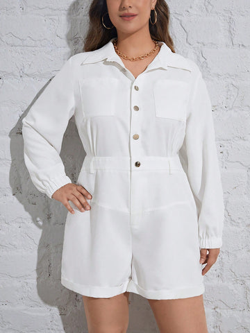 Plus Solid Button Front Shirt Romper Without Belt