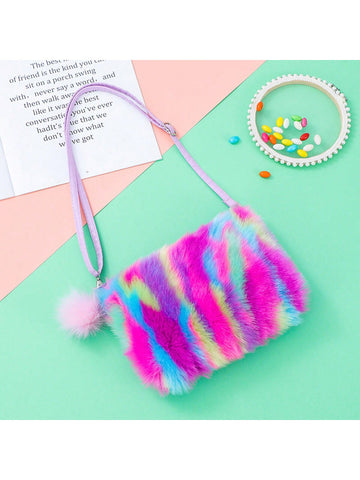 1pc Mini Children's Plush Rainbow Zipper Crossbody Bag & Shoulder Bag, Adorable Snack & Coin Purse For Little Girls, Suitable For Autumn/winter Daily Use