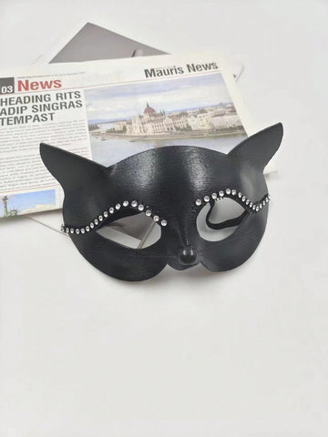1pc Sexy Black Cat Face Half Mask With Rhinestones, Fashionable Eye Mask Suitable For Festival Performance And Daily Use As A Dressing Prop
