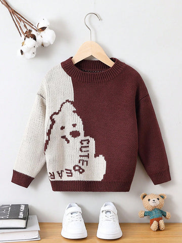 Young Boy Two Tone Bear & Letter Pattern Drop Shoulder Sweater