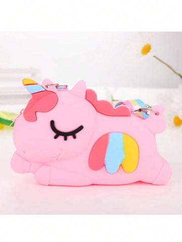 1pc Children's Crossbody Bag, Pink Cartoon Unicorn Shape, Soft & Comfortable & Durable Silicone Material, Lovely Kids Purse