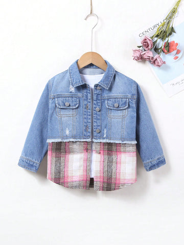 Young Girl Plaid Print 2 In 1 Denim Jacket Without Tee