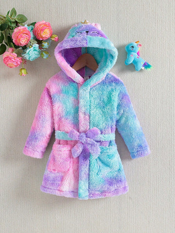 Young Girl Tie Dye Cartoon Embroidery 3D Ears Design Hooded Belted Teddy Coat