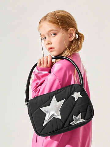 Millennial-style Starry Shoulder Bag With Silver Star Pattern Decoration, Black Zip Pu Leather Bag Strap