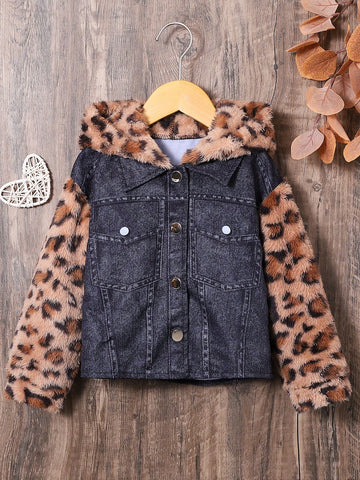 Girls Leopard Pattern Flap Pocket Hooded Teddy Panel Jacket