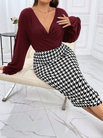 Plus Draped Collar Flare Sleeve Top & Houndstooth Print Skirt