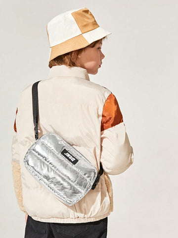 Stitching Street Style Space Feeling Silver Color Square Shoulder Bag, Adjustable Strap, Zipper Closure, Large Capacity