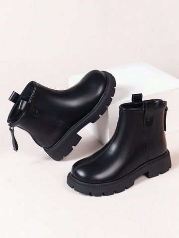 Kids' Simple & Fashionable Black Motorcycle Boots For Outdoor Wear