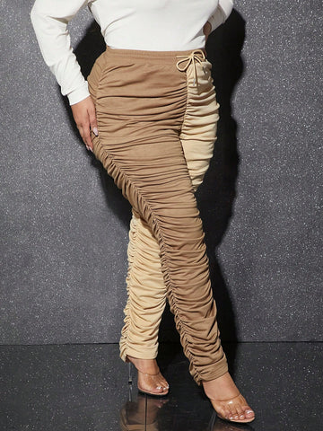Plus Two Tone Drawstring Waist Ruched Stacked Sweatpants