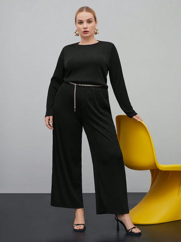 Plus Solid Tee & Wide Leg Pants Without Belt