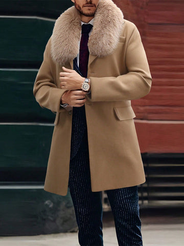Loose Fit Men's Overcoat With Borg Collar And Flap Detail