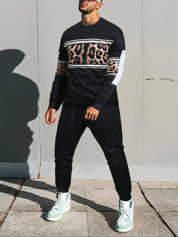 Men Leopard Print Sweatshirt & Sweatpants