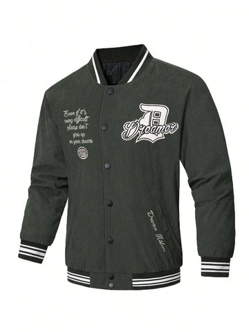 Men's Single Breasted Padded Baseball Collar Coat With Letter Print