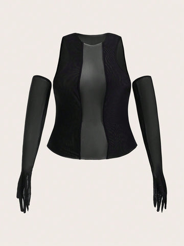 Plus Mock Neck Mesh Top With Arm Sleeves