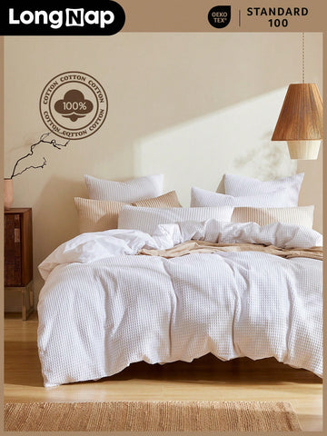 【100% Cotton】2/3pcs Natural Waffle Weave Duvet Cover Set, Waffle & Percale Two-Sided Supersoft Stylished, Duvet Cover*1, Pillowcase*1/2