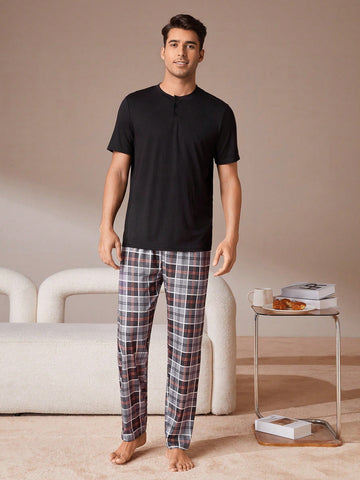 Men's Solid Color T-shirt And Plaid Long Pants Homewear Set