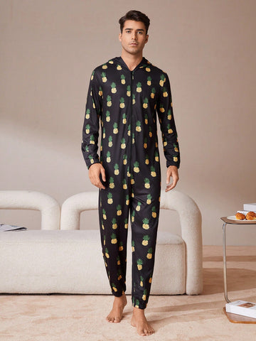Men's Pineapple Printed Hooded Homewear Jumpsuit