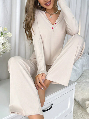 Solid Button Detail Tee & Pants Lounge Set