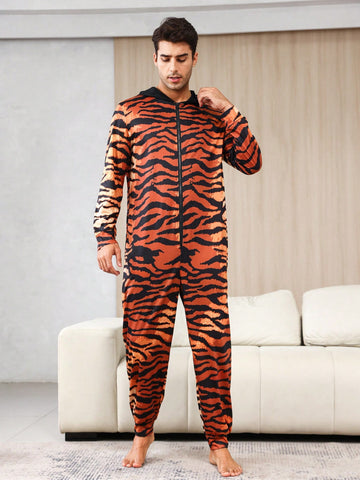 Men's Tiger Striped Zipper Hooded Homewear Jumpsuit