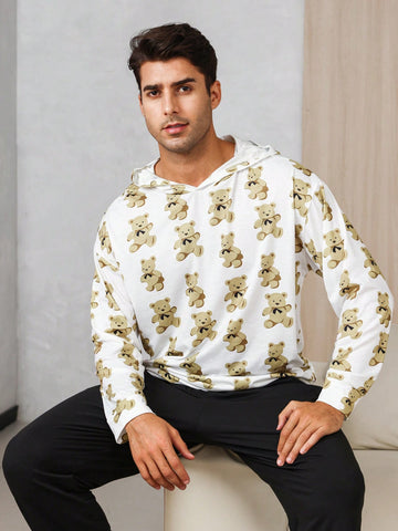 Men's Cartoon Bear Print Hooded Loungewear Top