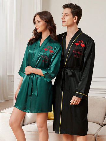 1pc Men's Robe With Text And Crane Print
