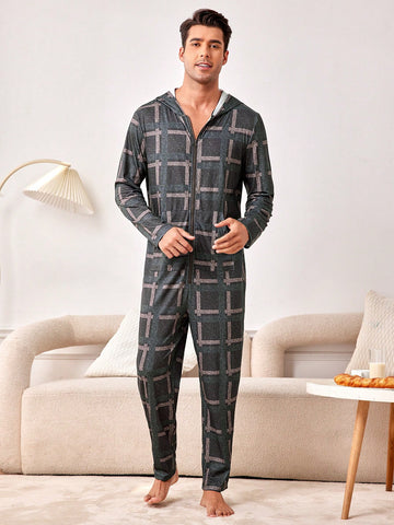 Men's Plaid Hooded Homewear Jumpsuit