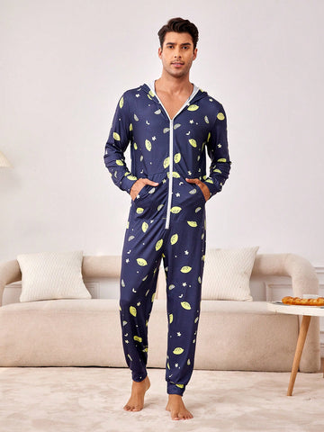 Men's Lemon Print Hooded Jumpsuit For Homewear
