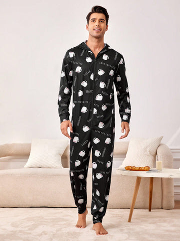 Men's Jumpsuit Homewear With Coffee Cup Print