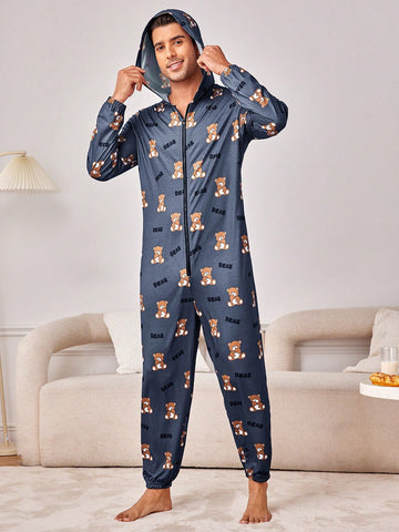 Men's Cartoon Bear Printed Zipper Closure Jumpsuit Pajamas
