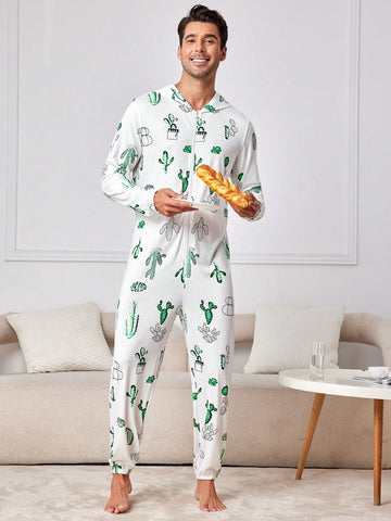 Men's Cactus Print Hooded Homewear Jumpsuit