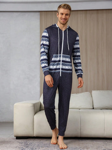 Men's Geometric Pattern Drawstring Hooded Loungewear Jumpsuit