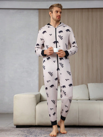 Men's Polar Bear Print Hooded Homewear Jumpsuit
