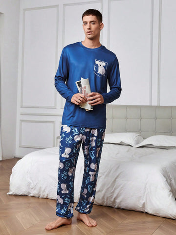 Men's Sleepwear & Loungewear With Contrast Cuffs And Koala Print, Long Sleeve & Pants, Family Matching Outfits Mommy And Me (sold Separately In 3 Sets)