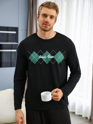 Men's Round Neck Letter And Geometric Patterned Homewear Top