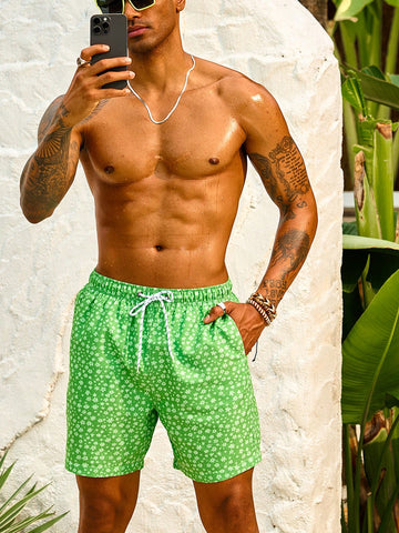 Men's Printed Drawstring Waist Beach Shorts With Floral Pattern