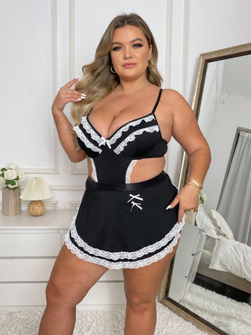 Plus Size Sexy Lace Spliced Hollow Out Role Play Costume Set