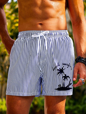 Men's Tropical & Striped Print Elastic Waist Beach Shorts