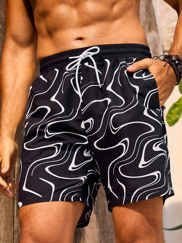 Men's Drawstring Waist Beach Shorts With Slanted Pockets