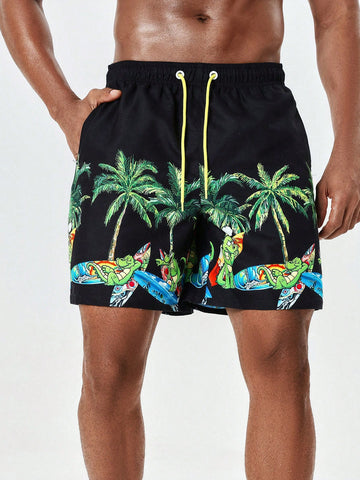Men'S Coconut Tree & Cartoon Printed Beach Shorts With Slanted Pockets