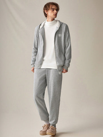 Men Letter Patched Zip Up Hoodie & Sweatpants Without Tee