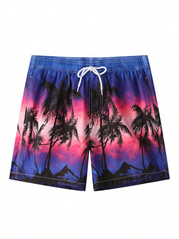 Men'S Mesh Lining Coconut Tree Printed Beach Shorts