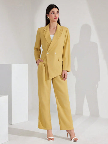Asymmetrical Hem Double Breasted Suit Jacket And Trousers Set