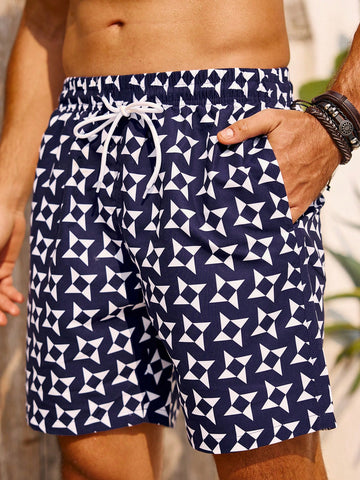 Men'S Geometric Pattern Drawstring Waist Beach Shorts