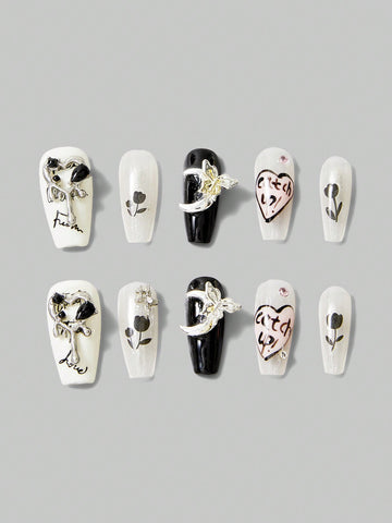 (Project Style) 10pcs/Box Long Nail Black Rose & Butterfly Printed False Nails With Jelly Glue