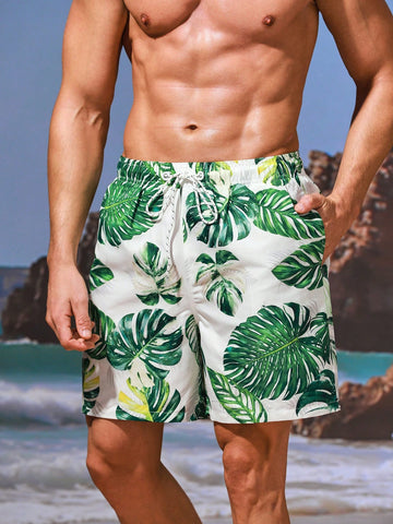Men's Drawstring Turtle & Bamboo Print Beach Shorts