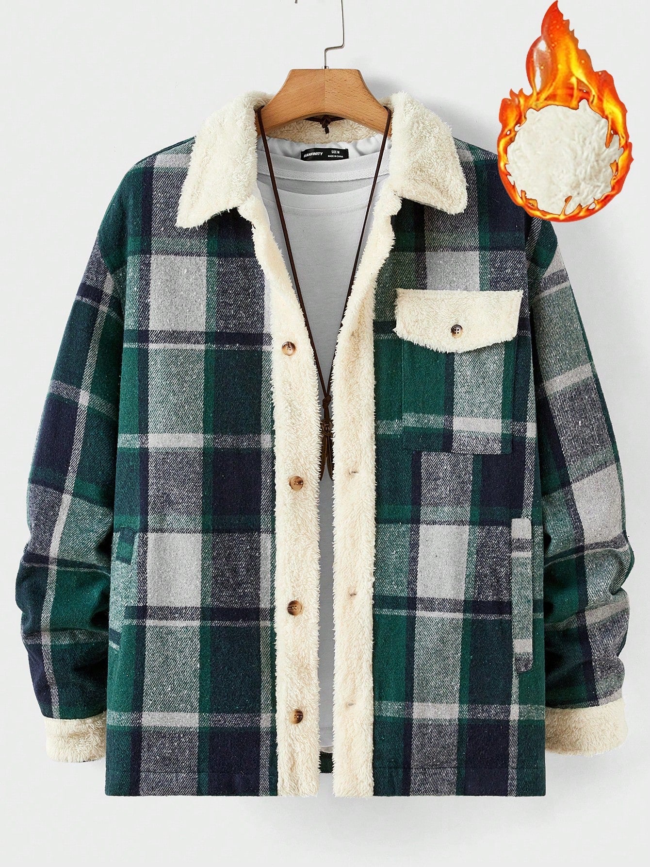 Men's Casual Oversized Contrast Plaid Patchwork Pocketed Thermal Lined Overcoat