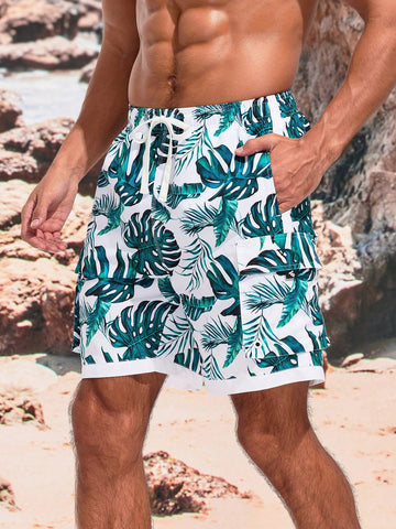 Men’S Tropical Print Drawstring Waist Beach Shorts