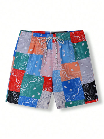 Men's Paisley Printed Drawstring Waist Beach Shorts
