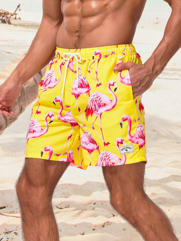 Men's Flamingo Pattern Drawstring Beach Shorts